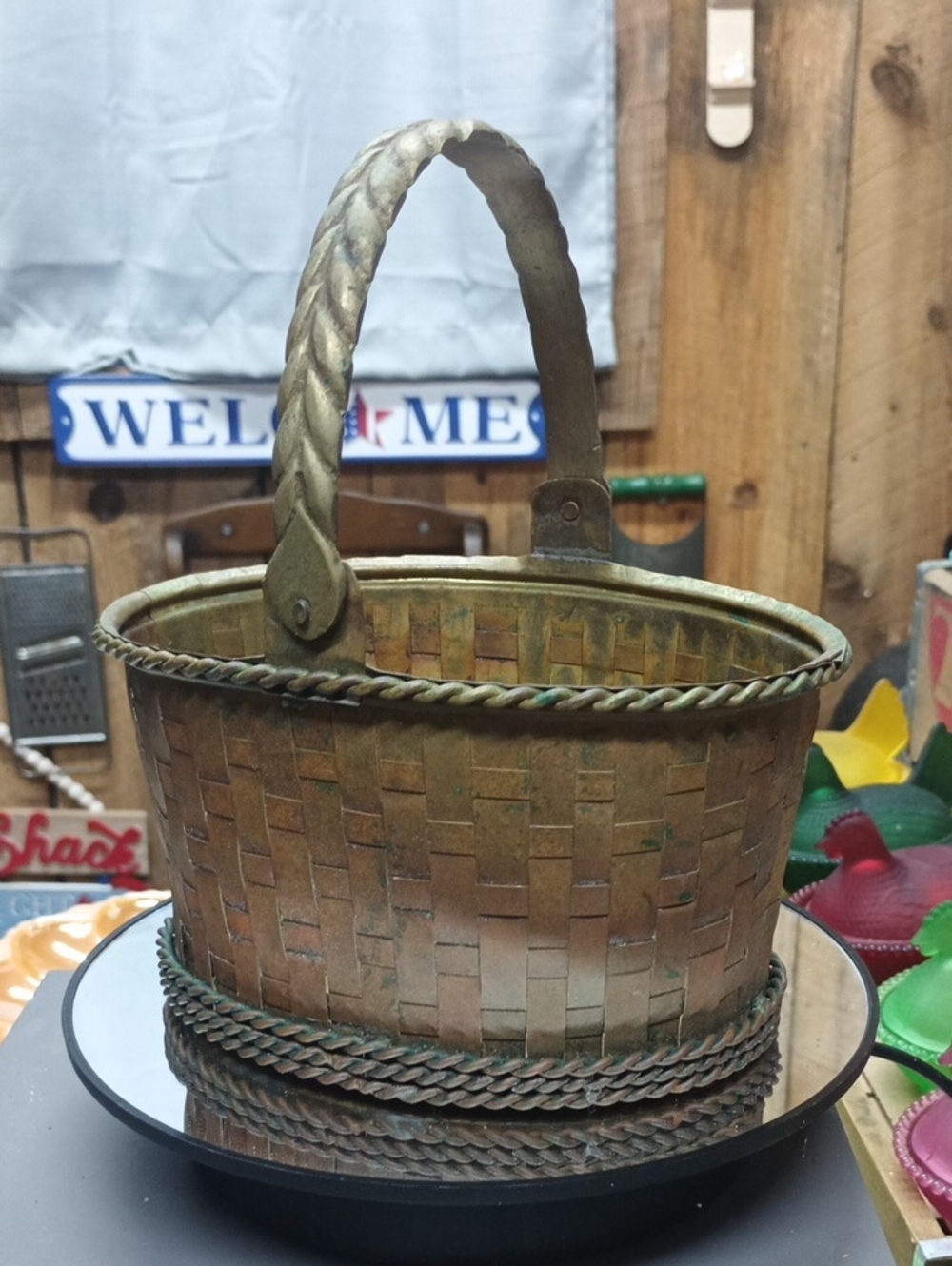 Antique-Style Brass Woven Handle Basket - Vintage Brass